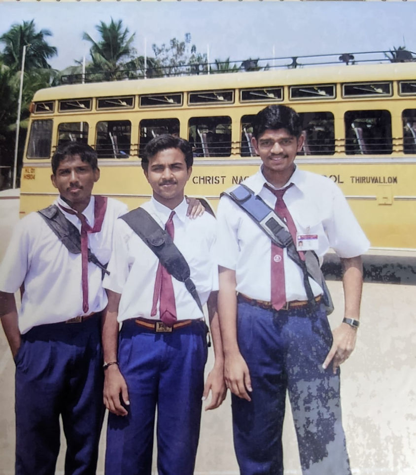 School days at Christ Nagar, Thiruvallom (circa 2004). The skinny kid on the left couldn't run any distance to save his life. Two decades later, the three of us built Netrin together (more on that later). Pictured: Alex (CTO), Visakh (Chief of Staff) and Preejith (CEO)